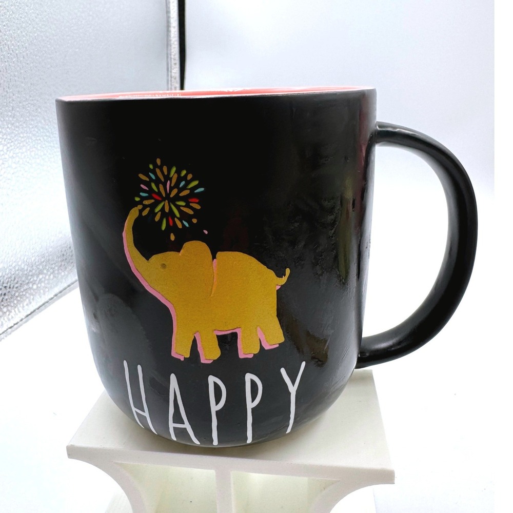 Happy Elephant Matte Black Pink Ceramic Mug 18oz 532ml